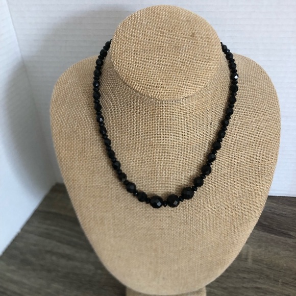 Vtg Black Glass Faceted Beaded Necklace - Picture 1 of 11